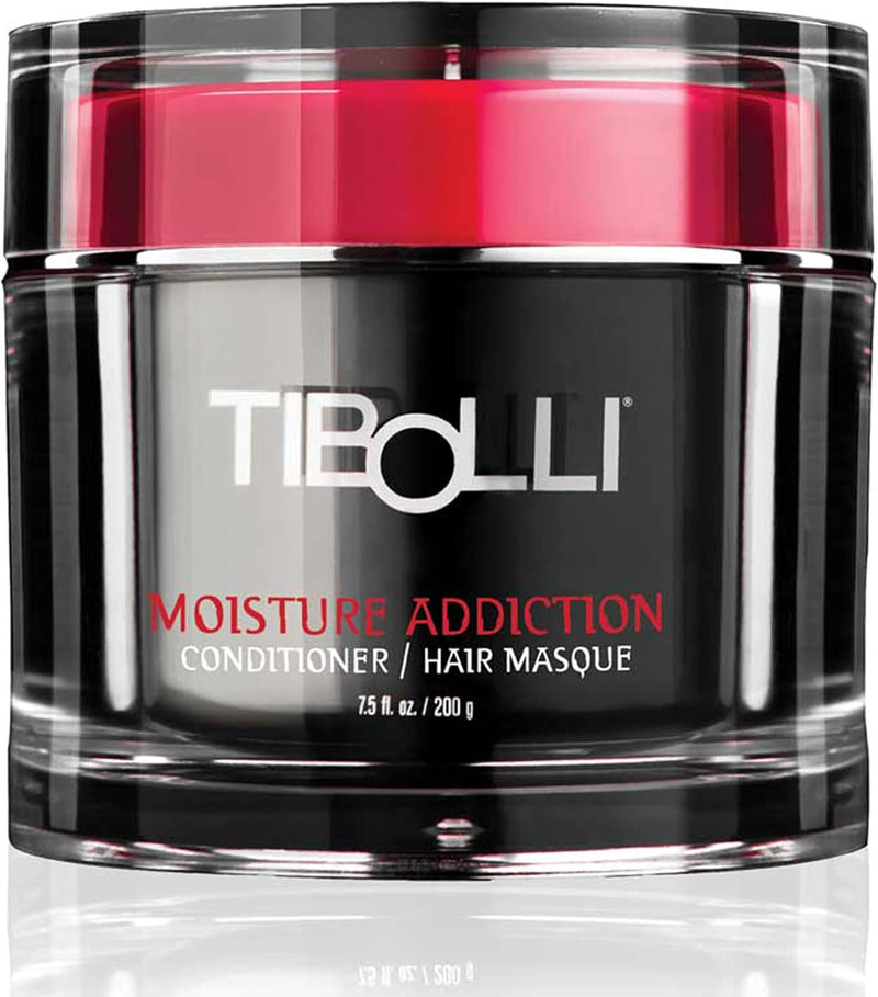 Tibolli Moisture Addiction Conditioner and Hair Masque, black jar with a red lid, 7.5 fl. oz. / 200 g
