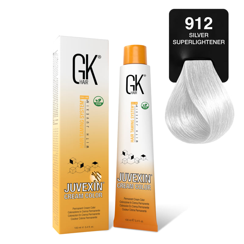 GK Hair Juvexin Cream Color 912 Silver Superlightener, 100 ml tube and carton beside a bright neutral silver-white swatch