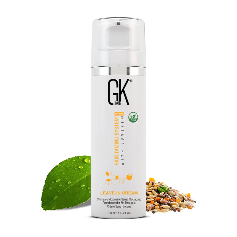 GK Hair Leave-In Conditioner Cream, white 130 ml pump bottle labelled Leave-In Cream, beside a green leaf and mixed grains