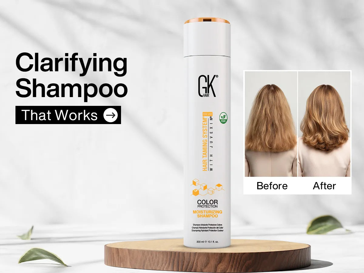 A Clarifying Shampoo and a user result before and after using the shampoo 