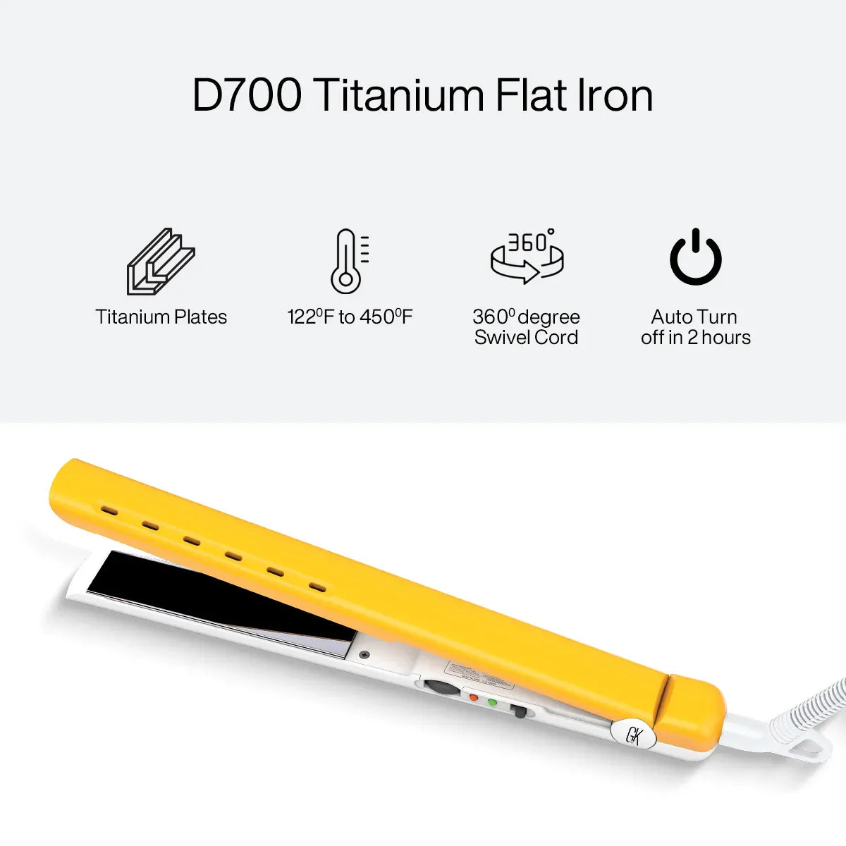 GK Hair D700 Titanium Flat Iron with its titanium plates shown against a plain background