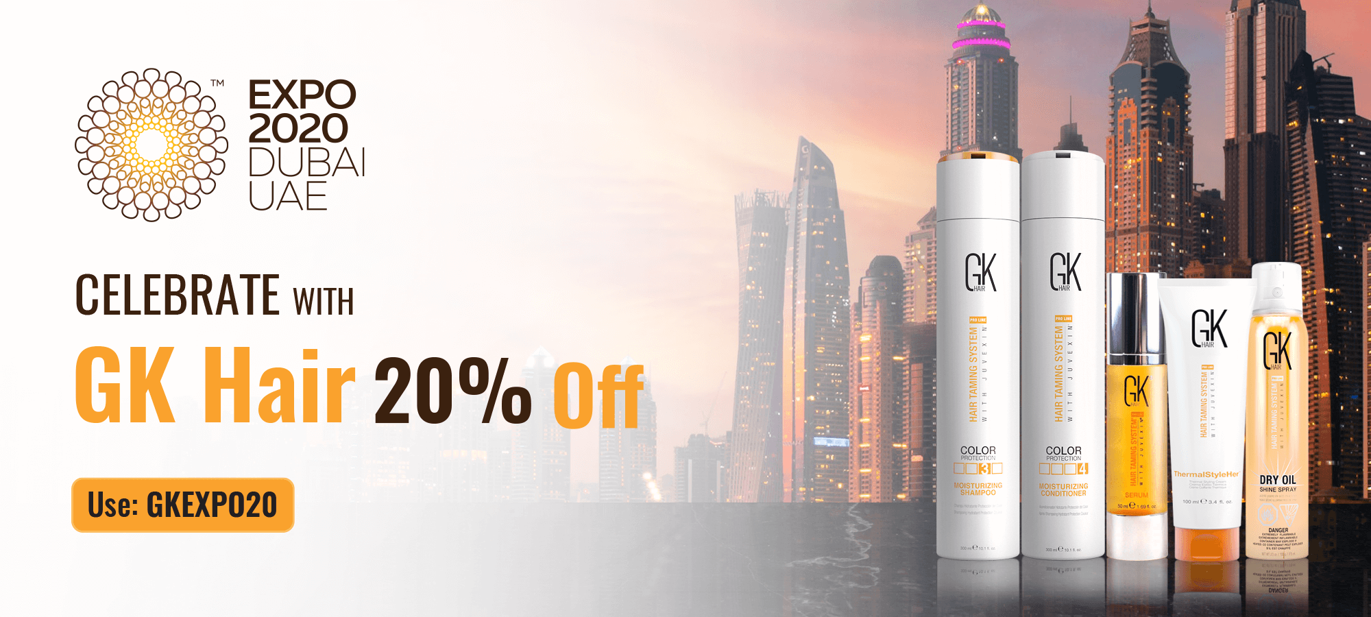 GK Hair exhibition stand with product displays at the Beautyworld Middle East trade fair in Dubai
