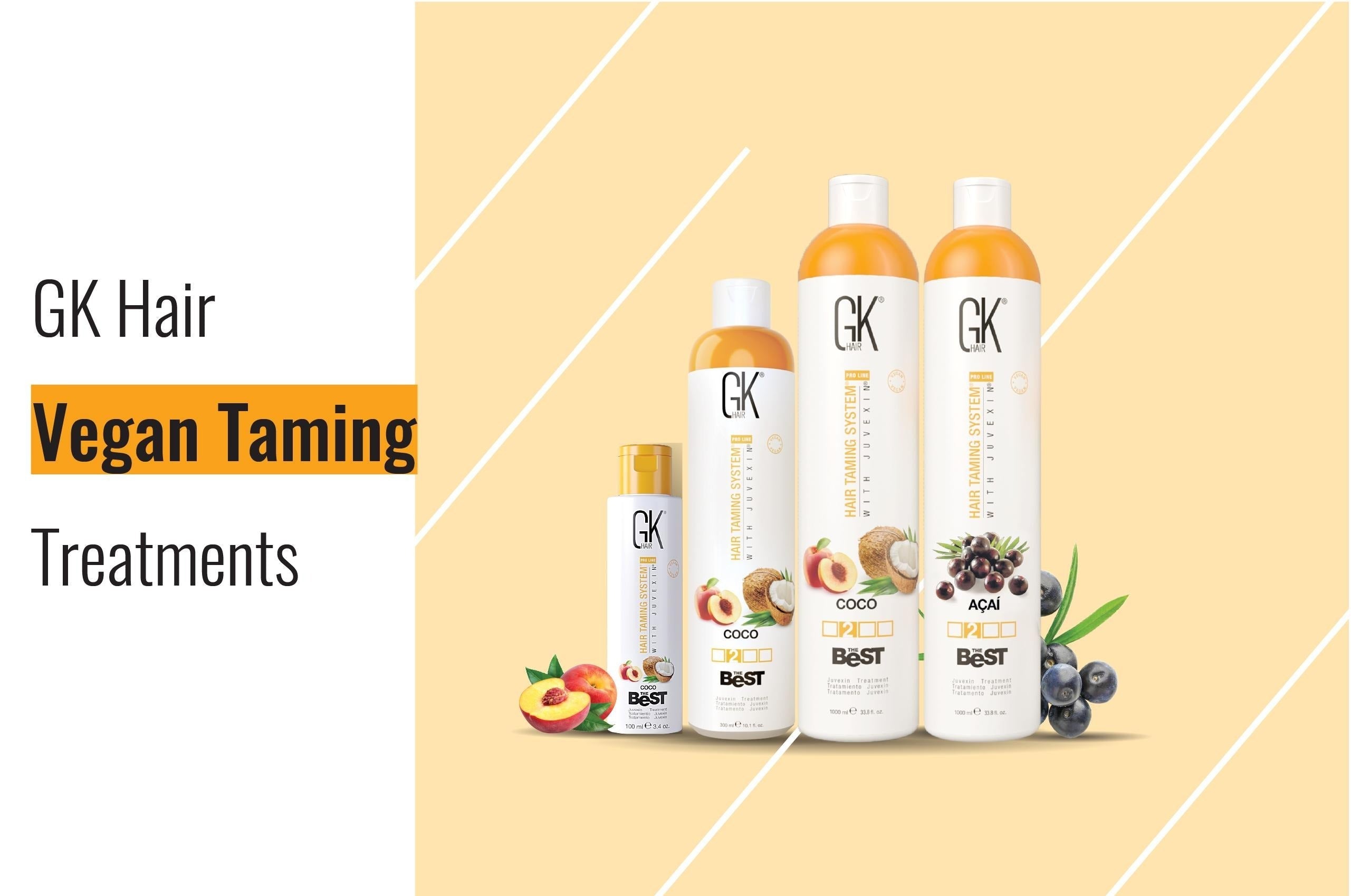 GK Hair vegan hair taming treatment bottle displayed beside smooth, straightened hair