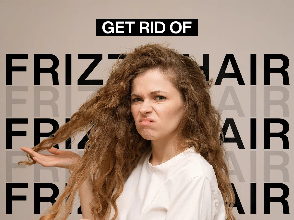 A person with curly hair poses against a backdrop of bold text promoting a solution for frizzy hair.