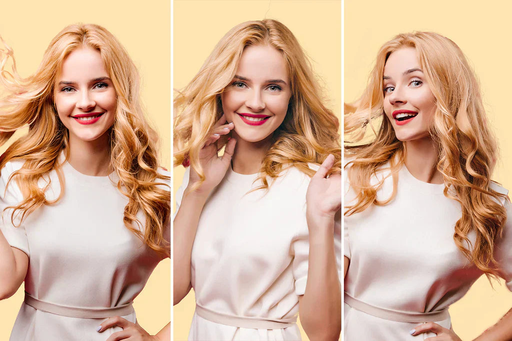 A woman with long, flowing blonde hair poses in three different angles, wearing a light-colored dress against a soft yellow background.