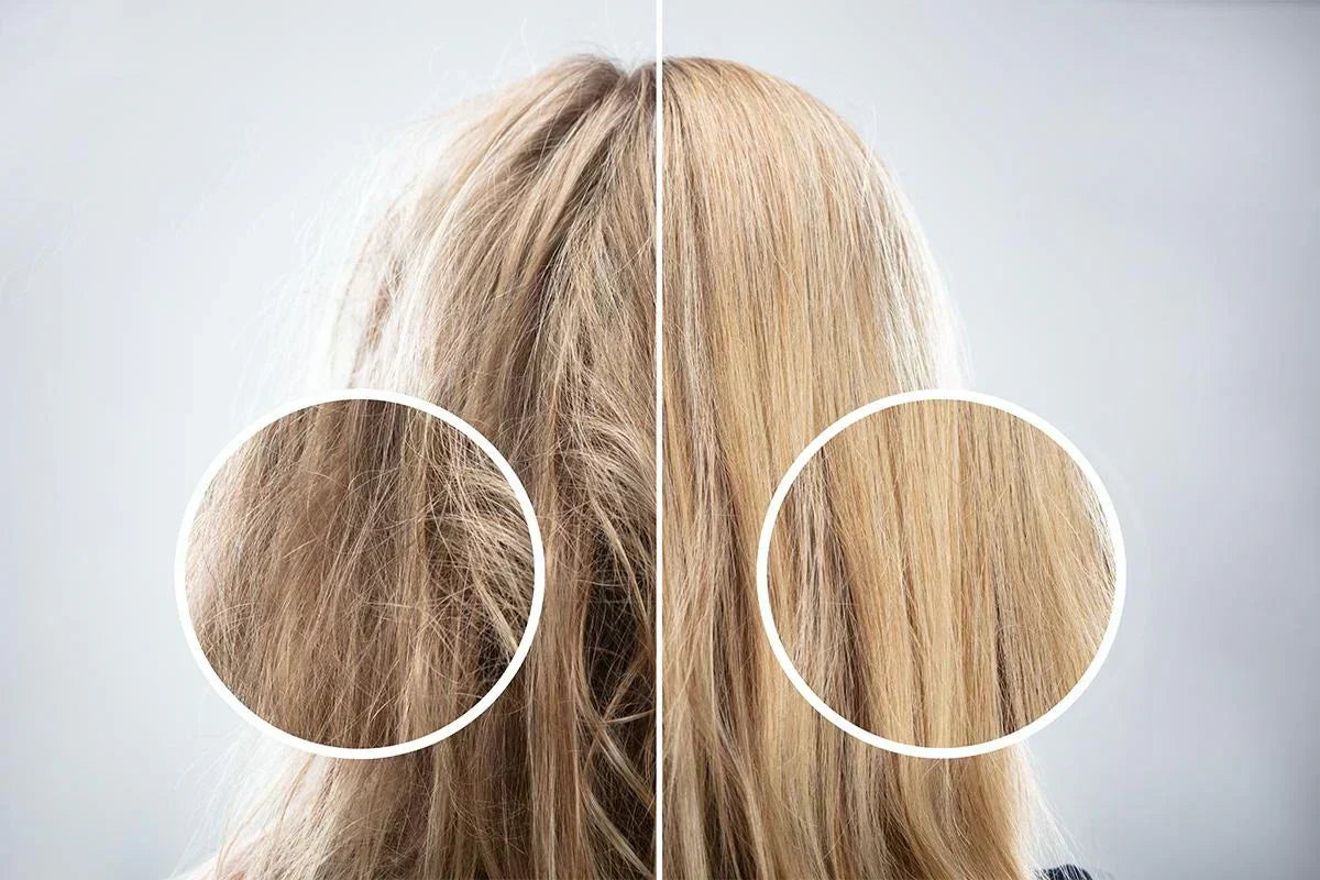 Before-and-after image of hair: left side shows frizzy, unkempt hair, while the right side displays smooth, sleek strands.