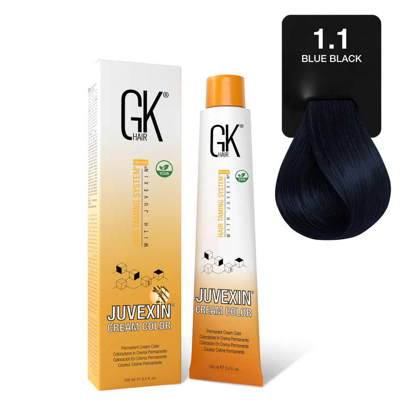 GK Hair Juvexin Cream Color 1.1 Blue Black 100 ml box and tube beside a swatch of black hair with a blue sheen
