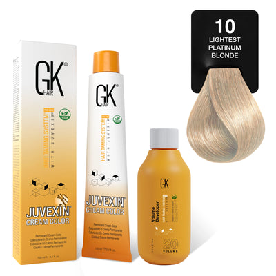 GK Hair's Juvexin 10 Lightest Plantinum Blonde Cream Color product set including Volume Developer.