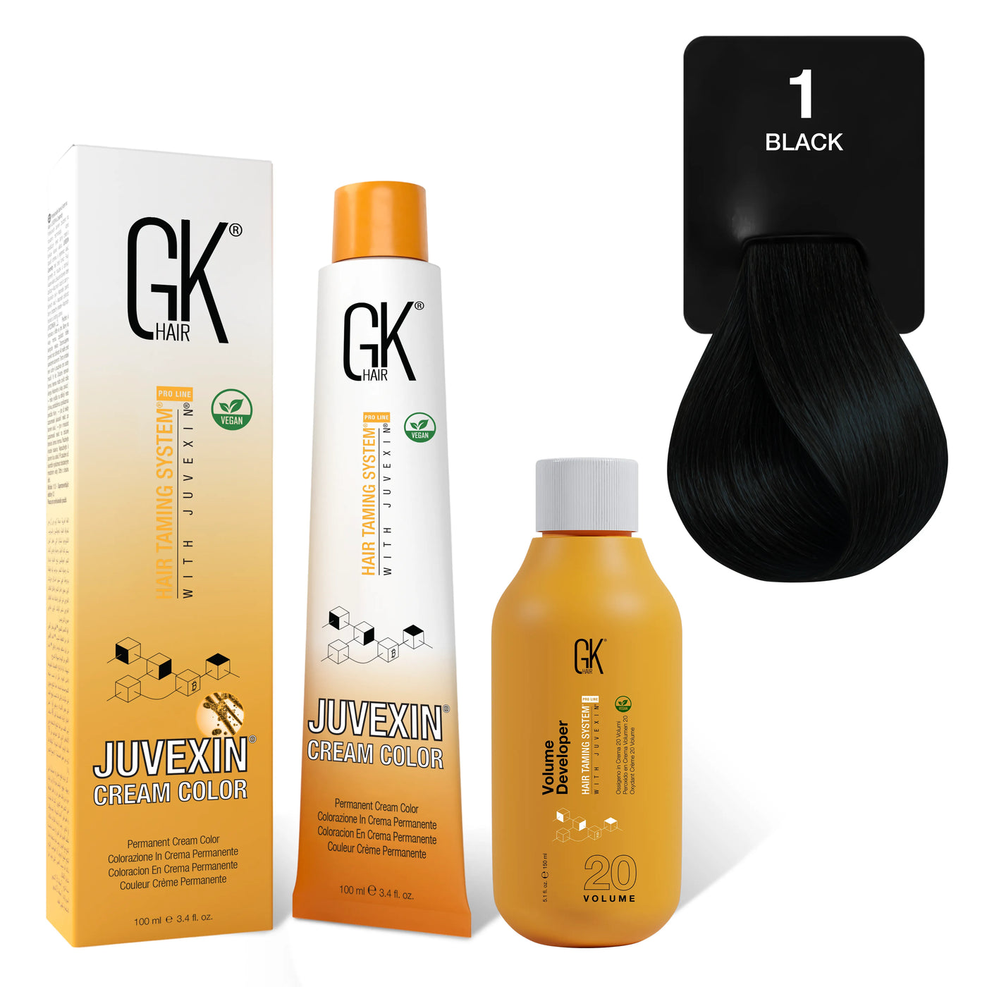 GK Hair's Juvexin 1 Black Cream Color product set including Volume Developer.