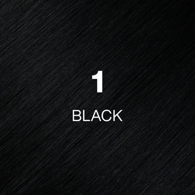 Silky hair texture showcasing the GK Hair's Juxevin Cream Color "1 Black" in bold white text.