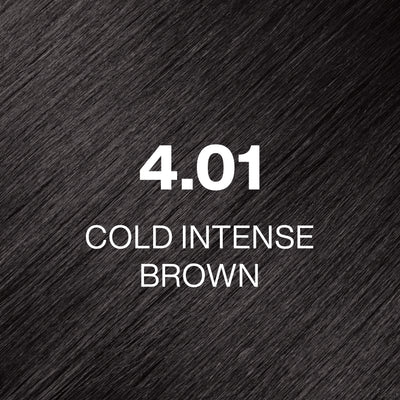 Silky hair texture showcasing the GK Hair's Juxevin Cream Color "4.01 Cold Intense Brown" in bold white text.