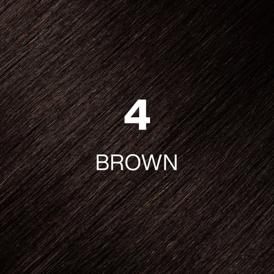 Silky hair texture showcasing the GK Hair's Juxevin Cream Color "4 Brown" in bold white text.