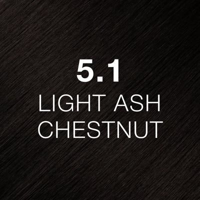 Silky hair texture showcasing the GK Hair's Juxevin Cream Color "5.1 Light Ash Chestnut" in bold white text.