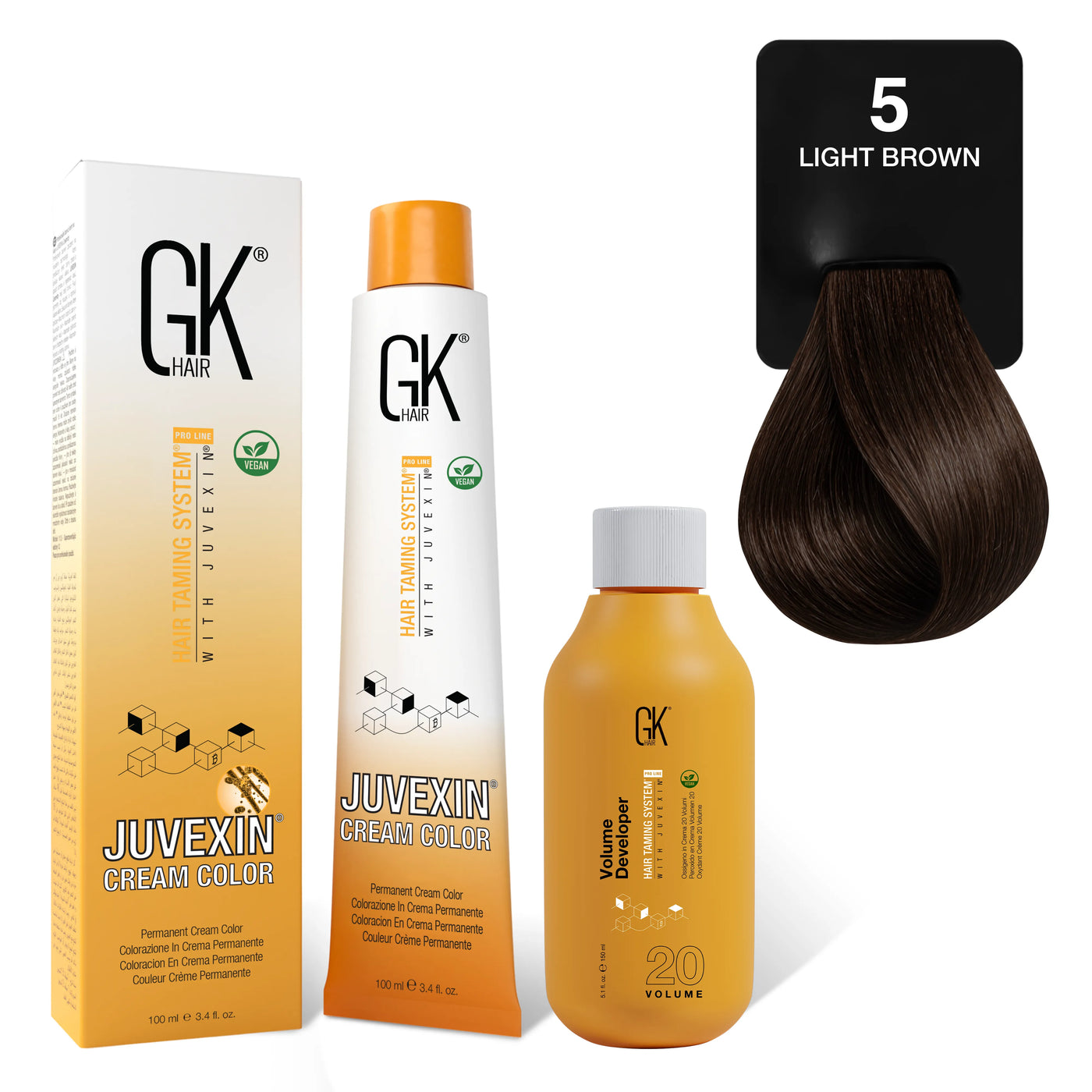 GK Hair's Juvexin 5 Light Brown Cream Color product set including Volume Developer.