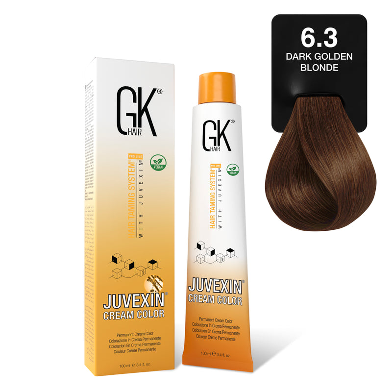 GK Hair Juvexin Cream Color 6.3 Dark Golden Blonde swatch with its 100 ml carton and tube; hair shown is warm golden brown