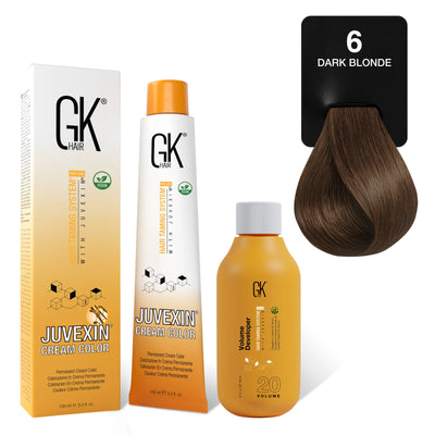 GK Hair's Juvexin 6 Dark Blonde Cream Color product set including Volume Developer.