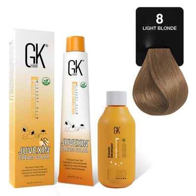 GK Hair's Juvexin 8 Light Blonde Cream Color product set including Volume Developer.