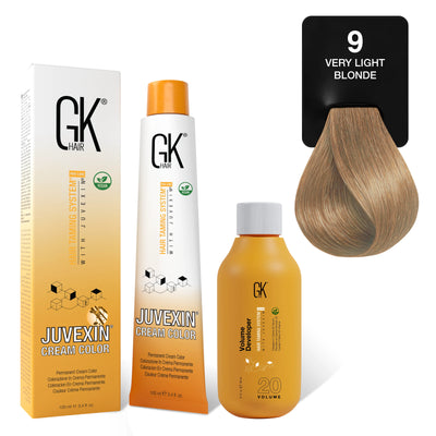 GK Hair's Juvexin 9 Very Light Blonde Cream Color product set including Volume Developer.