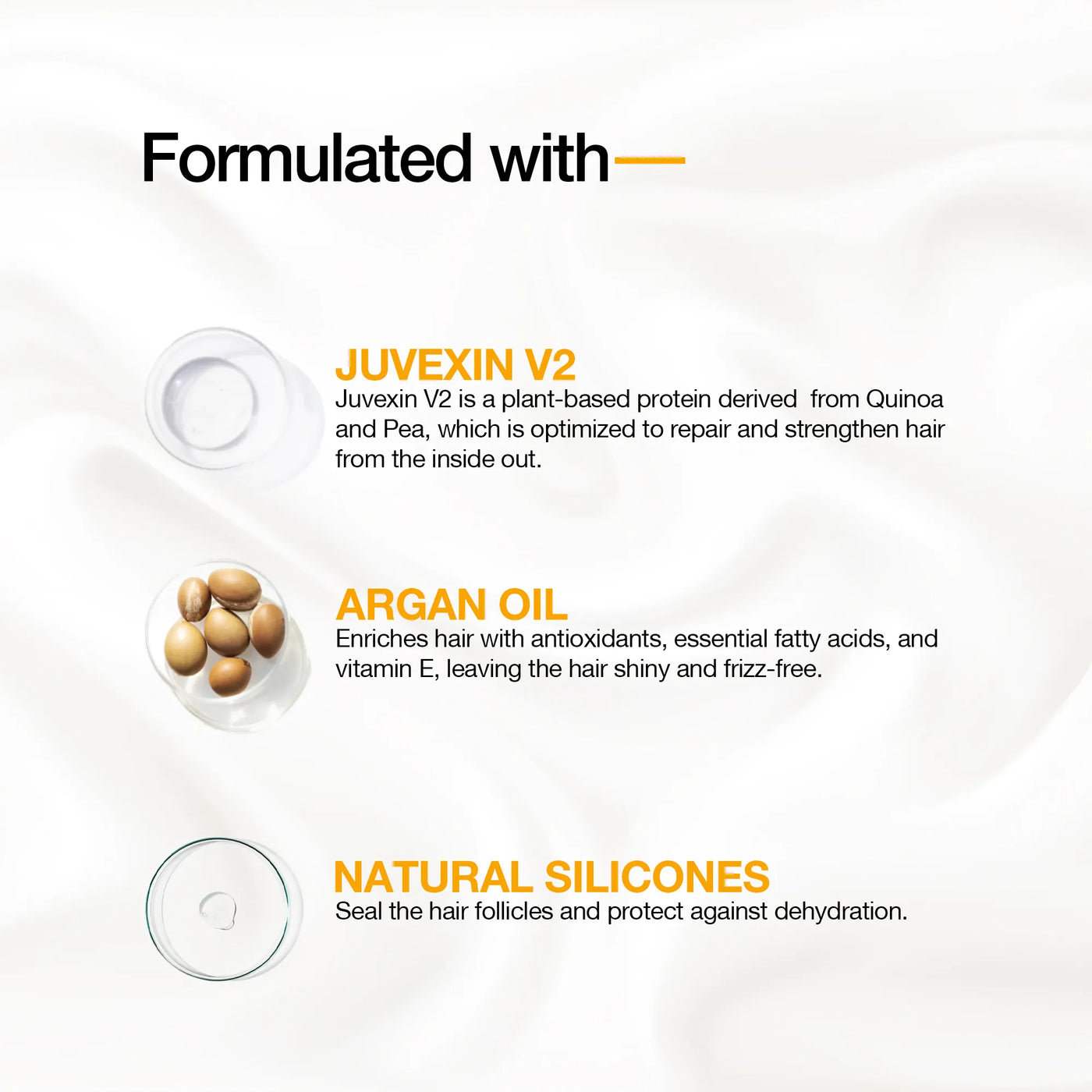 GK Hair Argan Oil Serum Ingredient that Contains Juvexin V2, Argan Oil and Natural Silicones in a white background