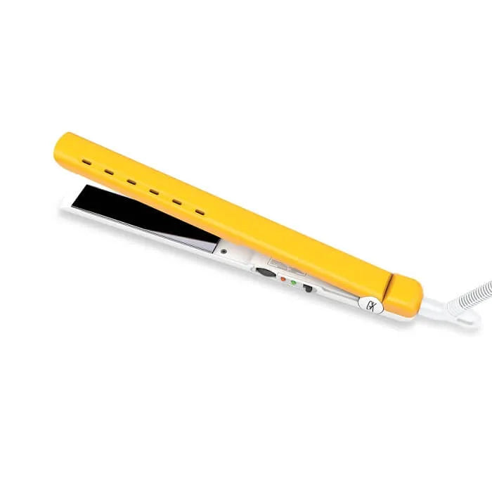 GK Hair D700 Titanium Flat Iron, yellow and white styler with a coiled cord, angled on a white background