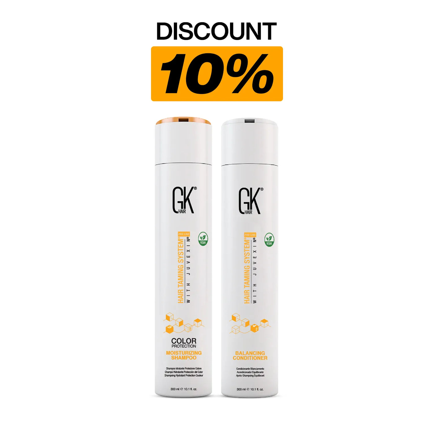 Moisturizing Shampoo and Balancing Conditioner Combo with a discount label of 10% and awhile background