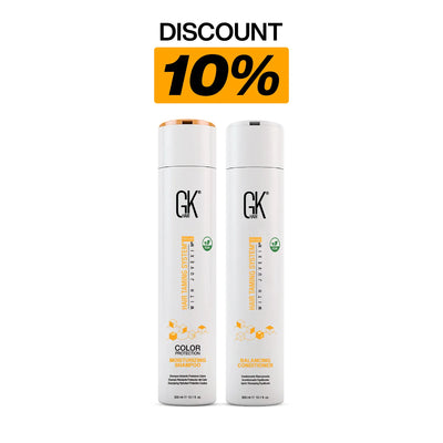 Moisturizing Shampoo and Balancing Conditioner Combo with a discount label of 10% and awhile background