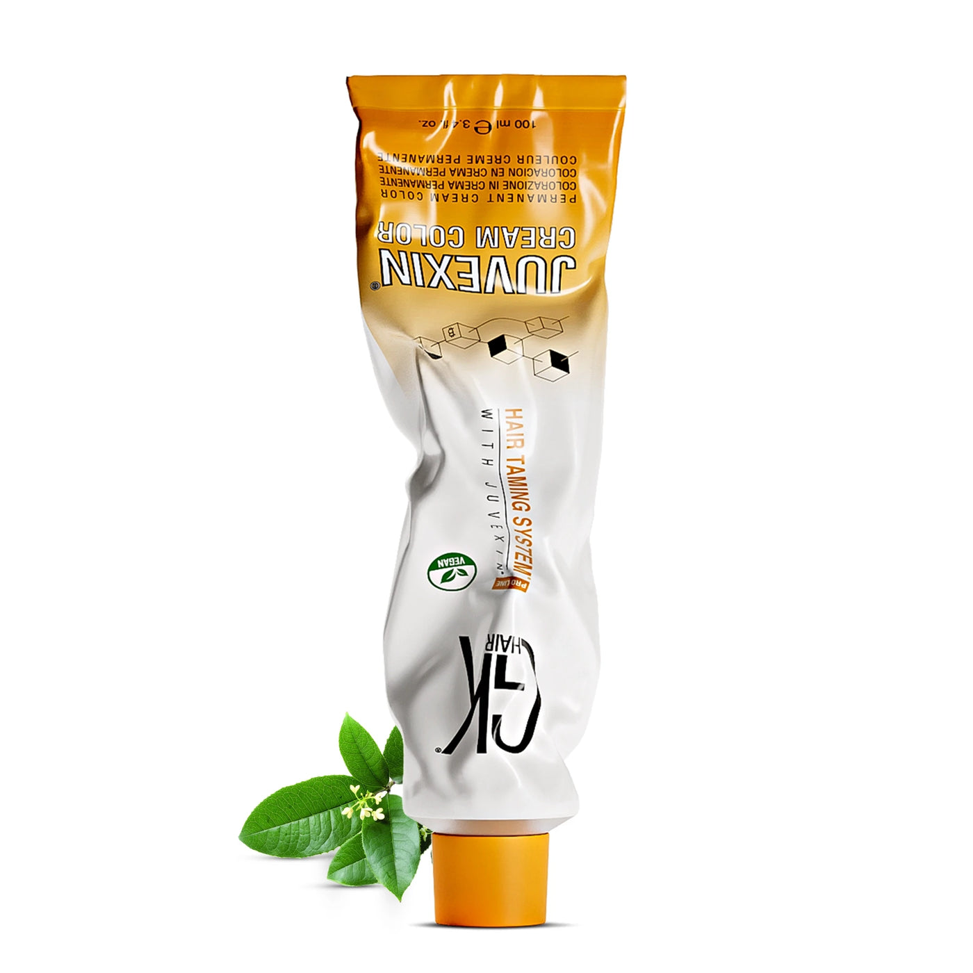 A tube of Juvexin cream color hair product, featuring a vibrant orange cap and a sleek white body labeled "Hair Taming System."