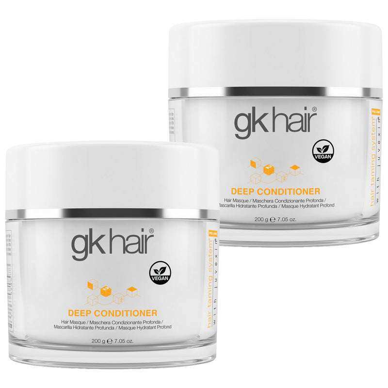 Pack of two GK Hair Deep Conditioner hair masque jars, white with silver bands and a vegan badge, 200 g / 7.05 oz each
