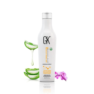 GK Hair Shield Conditioner 250ml with Aloe vera behind with white background