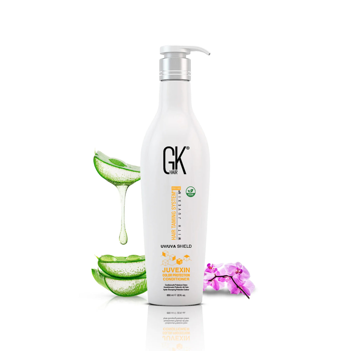 GK Hair Shield Conditioner 650ml with Aloe vera behind with white background