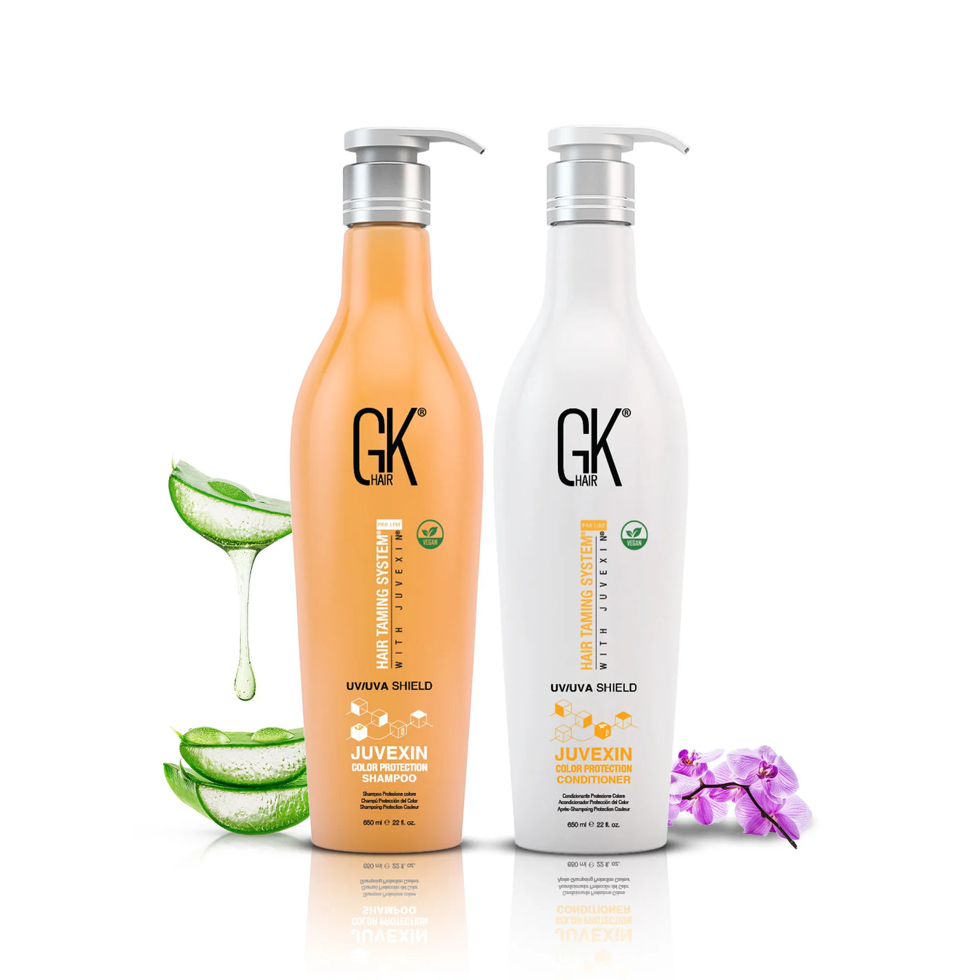 GK Hair Shield Shampoo and Conditioner 650ml with Aloe vera behind with white background