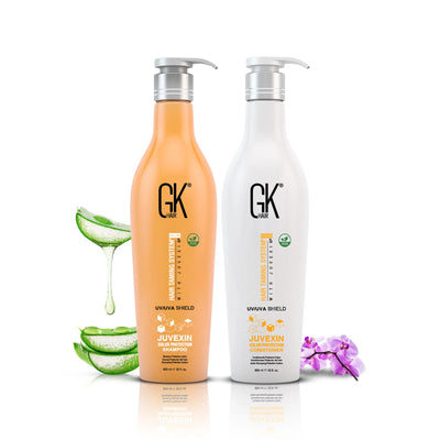 GK Hair Shield Shampoo and Conditioner 650ml with Aloe vera behind with white background