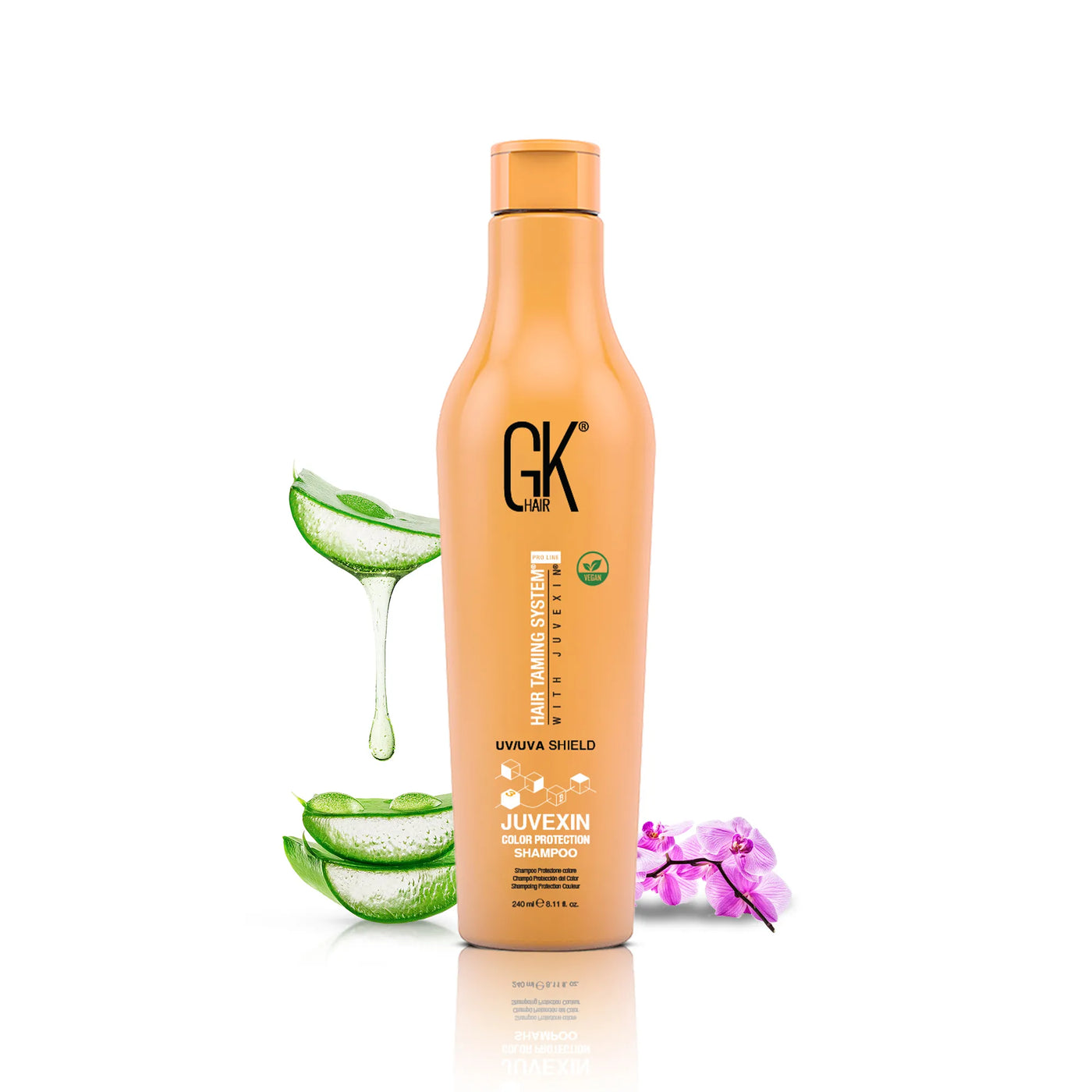 GK Hair Shield Shampoo 240ml with Aloe vera behind with white background