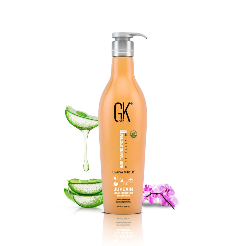 GK Hair Shield Shampoo 650ml with Aloe vera behind with white background