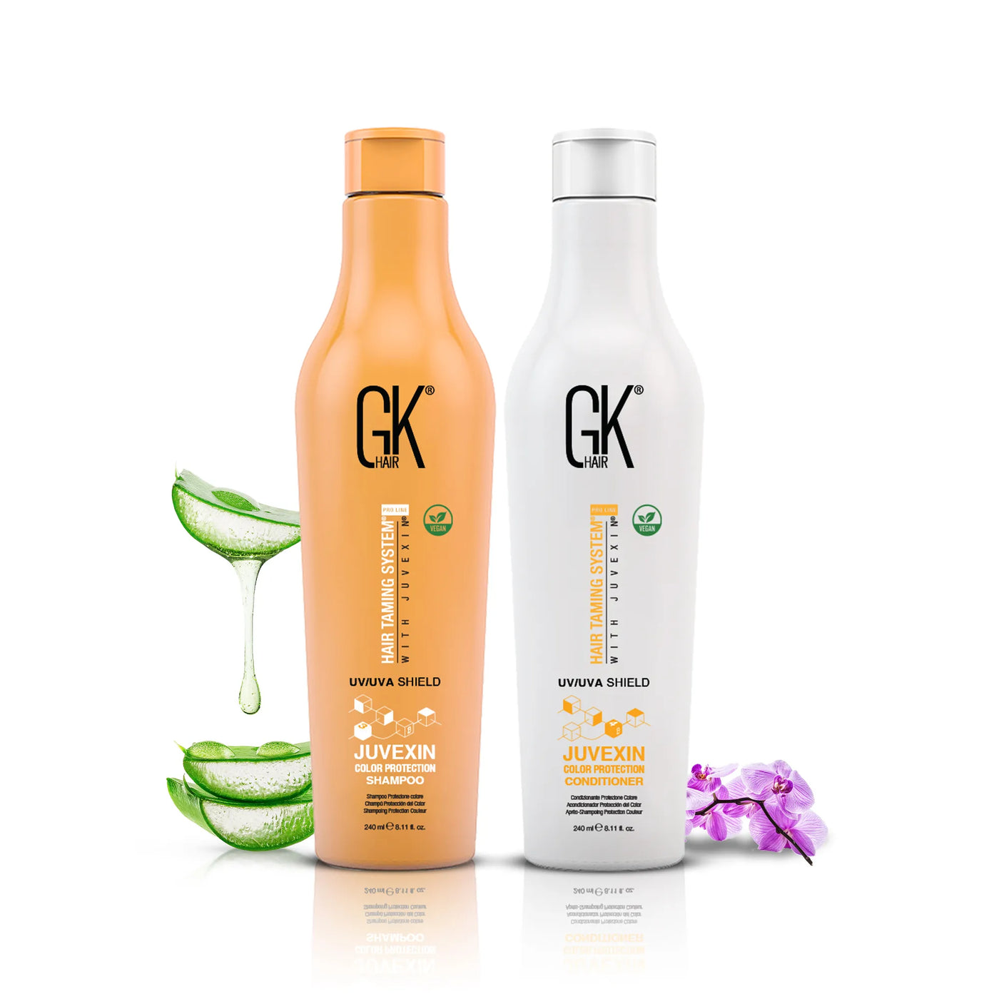 GK Hair Shield Shampoo and Conditioner 240ml with Aloe vera behind with white background