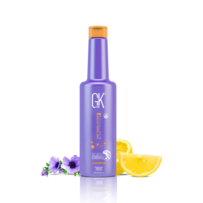 GK Hair Silver Bombshell Shampoo with a white background