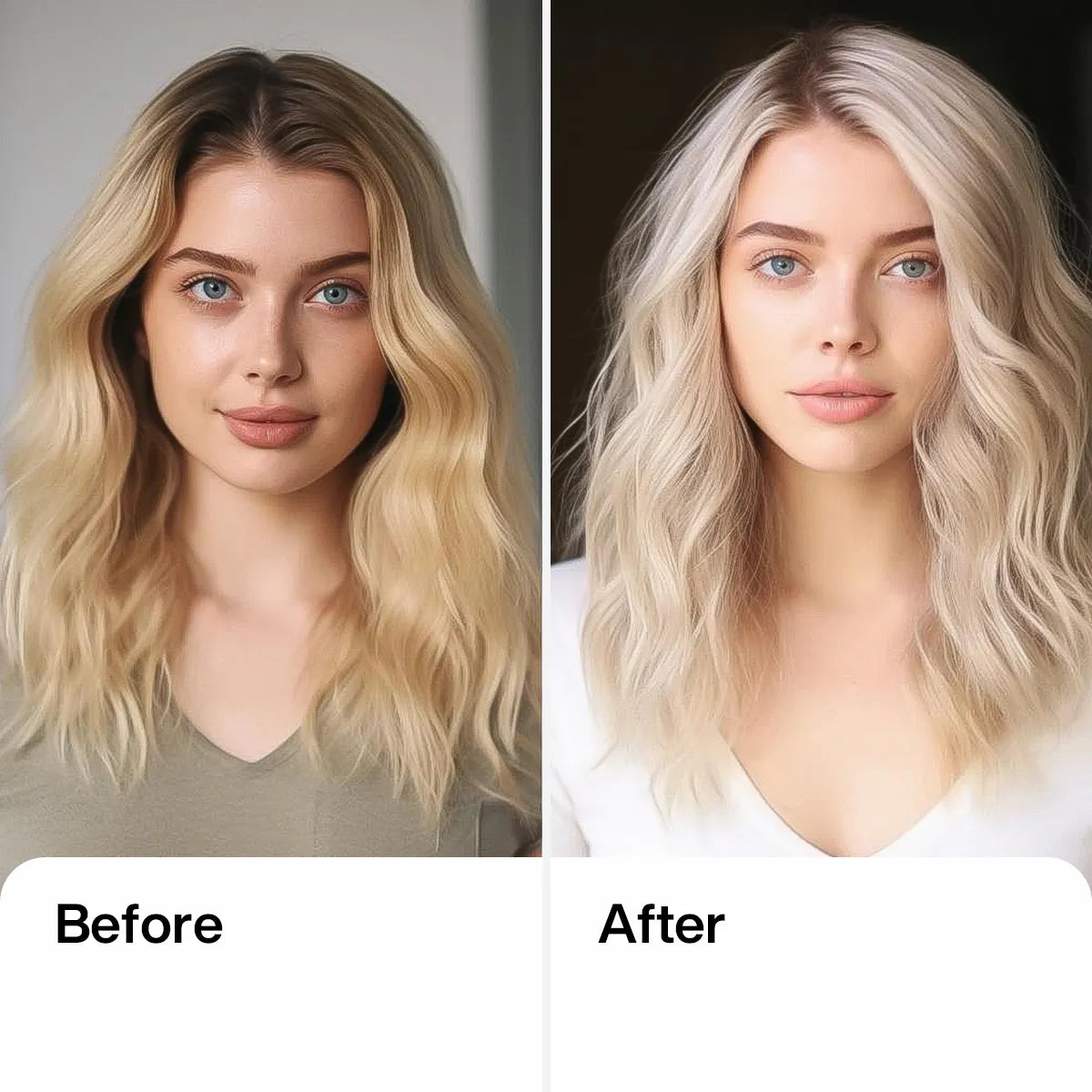 A lady before and after using GK Hair's Silver Shampoo