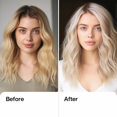 A lady before and after using GK Hair's Silver Shampoo