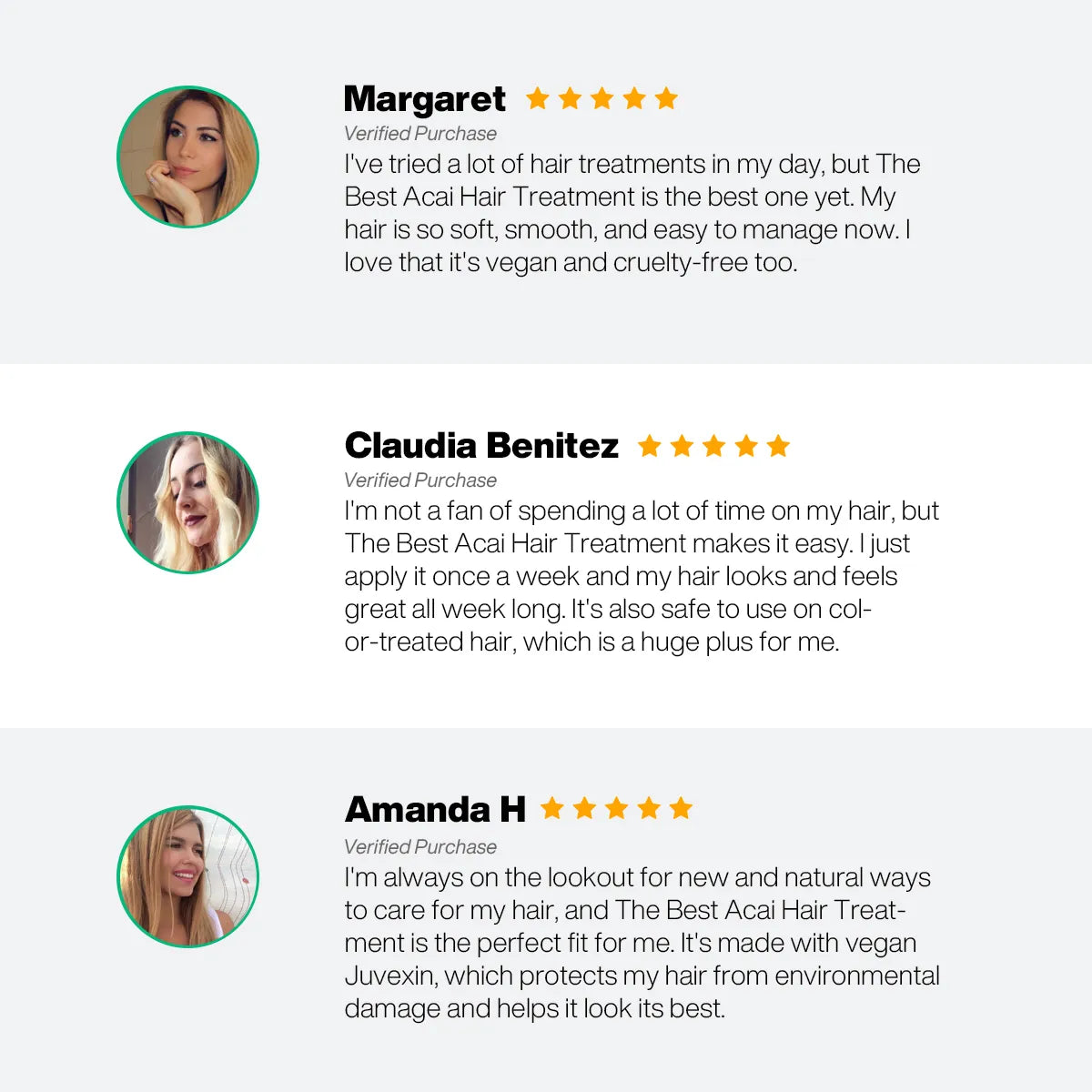 Three glowing reviews praise "The Best Acai Hair Treatment" for its vegan, cruelty-free formula, convenience, and effectiveness on all hair types.