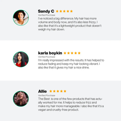 Three glowing reviews praise "The Best Best Hair Treatment" effectiveness on all hair types.