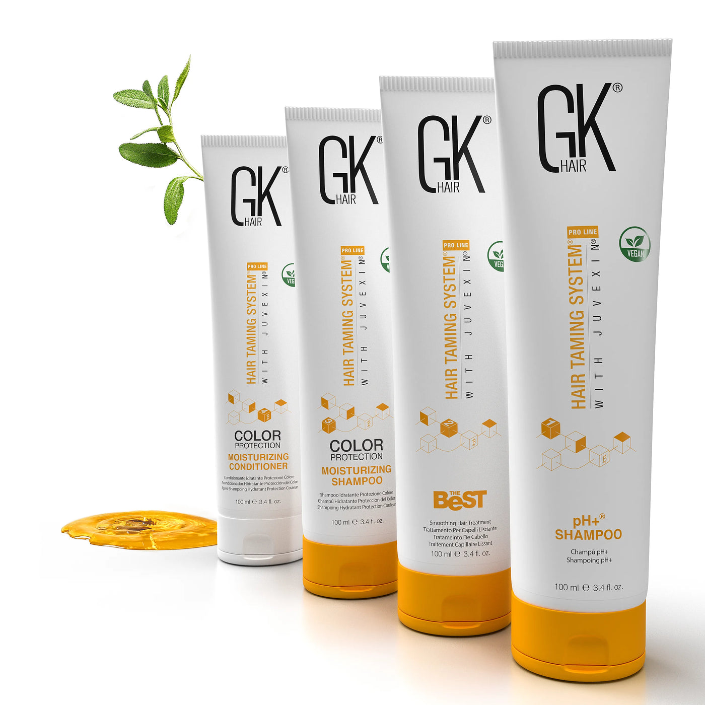 Four GK Hair products: pH+ Shampoo, Best Shampoo, Color Protection Moisturizing Shampoo, and Conditioner, all in sleek white packaging.