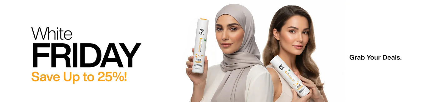 Women holding GK Hair Moisturizing products, promoting a "White Friday" sale with up to 25% off. One wears a hijab; text reads "Grab Your Deals" on a white background.
