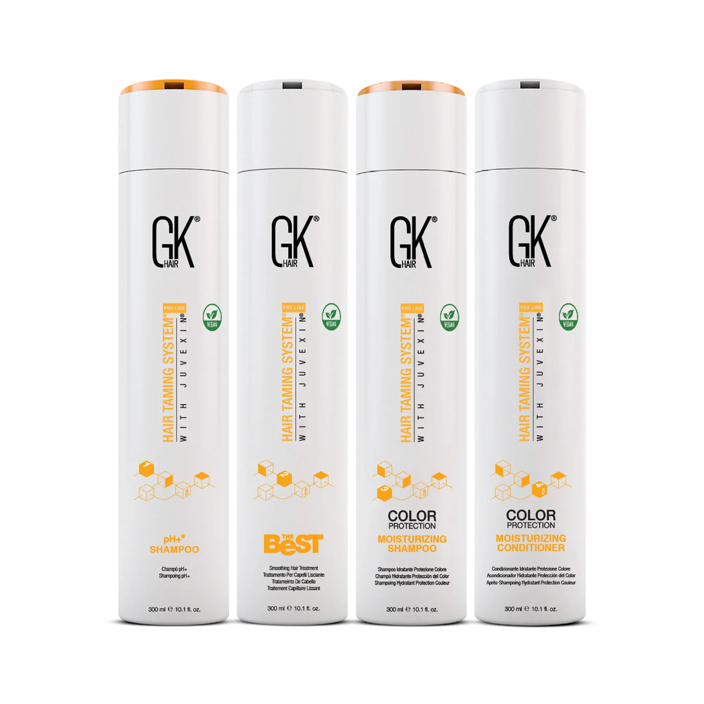 Four GK Hair products: pH+ Shampoo, Best Shampoo, Color Protection Moisturizing Shampoo, and Conditioner, all in sleek white packaging.